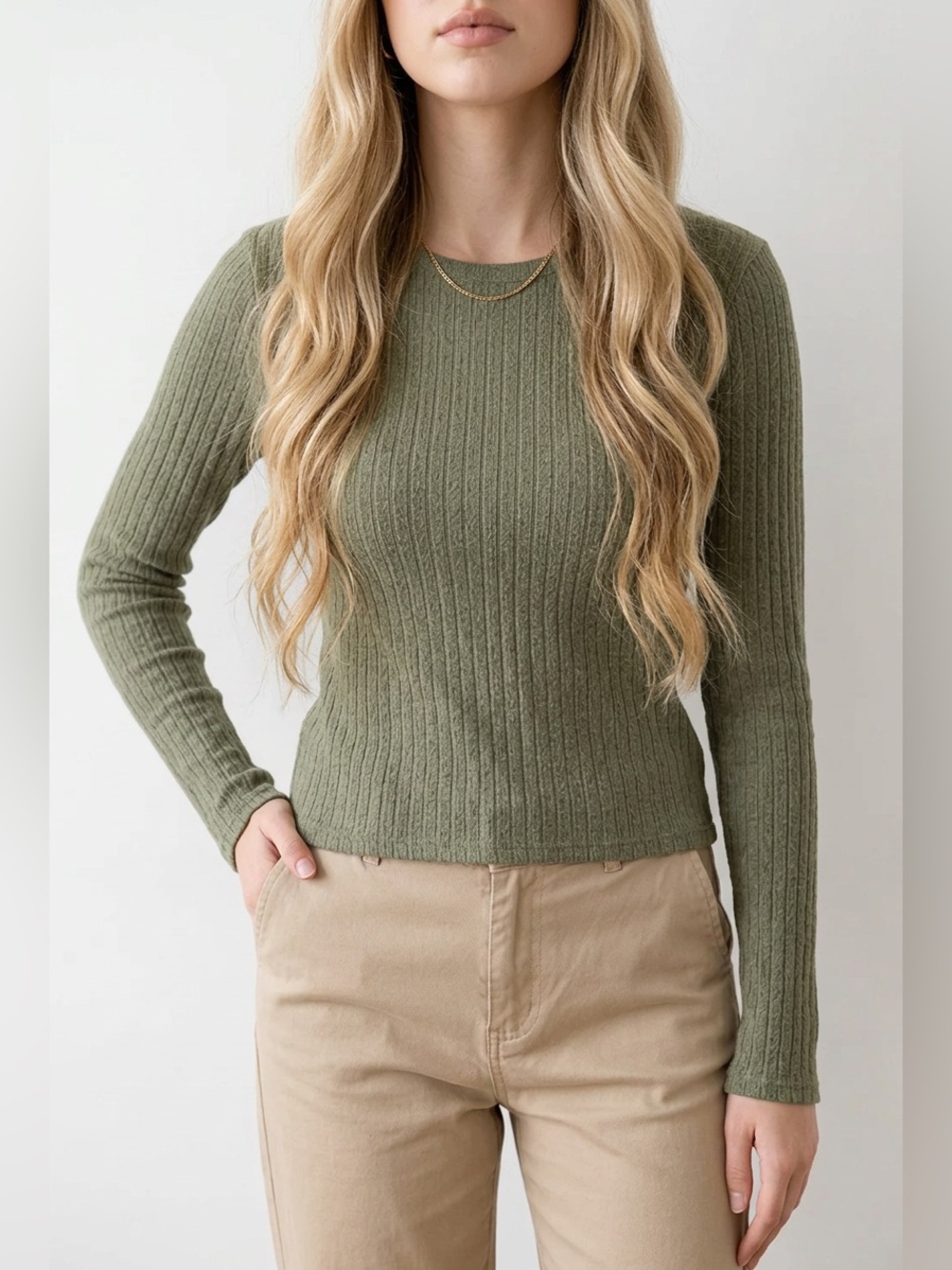 Hollister Olive Ribbed Long-Sleeve Crewneck Top
